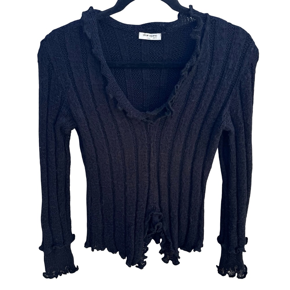 Sharagano Paris Y2K Whimsigoth Coquette Ribbed Ruffle Lettuce Edge Knit Top S